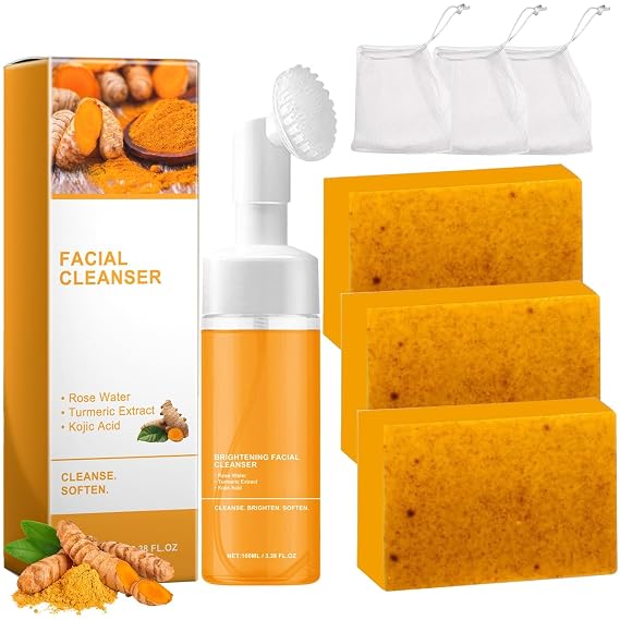 TPTAL Turmeric Wash and Care Two Piece Set, Tuemeric Facial Cleanser & Turmeric Soap Bar,Face & Body Cleanser, Tur-meric Face Wash and Natural Turmerics Handmade Soap, Deep Cleansing