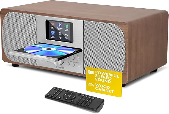 LEMEGA MSY6 CD Player, FM, Bluetooth, Powerful Stereo HiFi, Walnut | 2.4in colour display, 40 presets, remote control, acoustic wooden cabinet, headphone jack, EQ modes, dual alarms clock