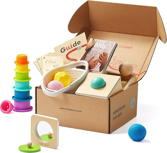 Tiny Land Montessori Toy Set for Babies 7-9 Months Senser Play Kit - 5-in-1 Wooden Learning Toys with Object Permanence Box, Sensory Ball, Stacking Cups and Mirror Puzzle,Body Board Book | Object permanence box, sensory ball, stacking cups, mirror puzzle, body board book, fine motor skills and baby gift