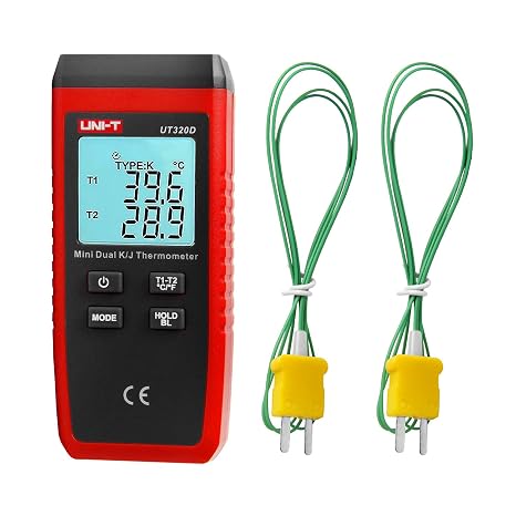 Thermocouple Thermometer, UNI-T K/J Type Thermocouple Dual Channel Mini Contact Probe, Wide Range -58F to 2372F, Digital Temp Gauge for Factories, Labs, HVAC & Home Use UT320D