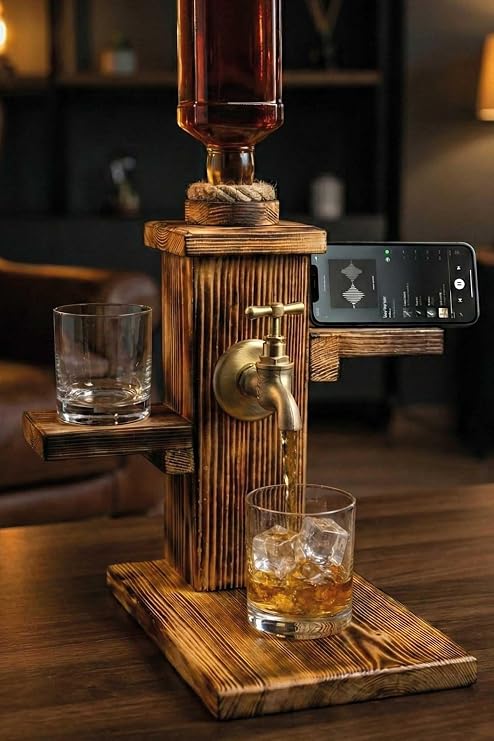 Doğal Ahşap Telefon Standlı Viski Çeşmesi Musluklu İçki Dispenseri Dekoratif Masaüstü Organizer Bar