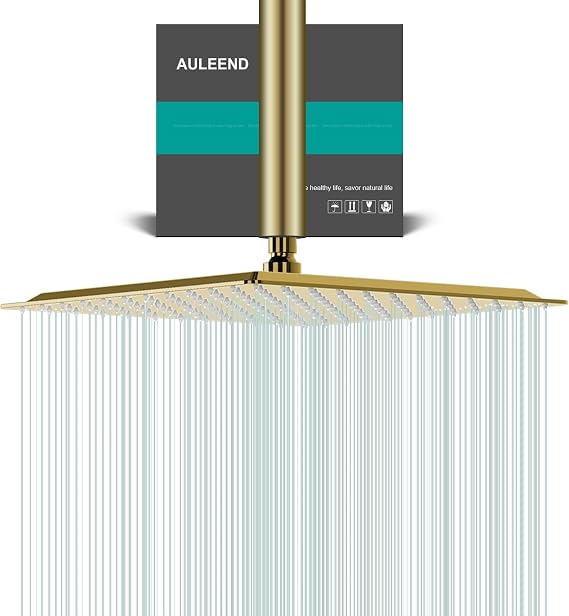 Square Rain Shower Head, High Flow Stainless Steel,Work with any decorative style,All Metal Rainfall Shower Head (Brushed Gold, 12)