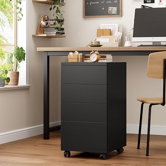 4-Drawers Chest, Mobile Under Desk Drawer with Locking Casters, Wooden Printer Stand with Wheels, Rolling Craft Storage Cabinet for Home Office, Black | Rolling Pedestal Under Desk Drawer for Home Office Legal/Letter/A4 Size (Black)