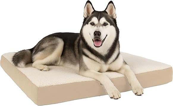 Orthopedic Dog Bed - 2-Layer Memory Foam Crate Mat with Machine Washable Sherpa Cover - 44x35 Pet Bed for Large Dogs up to 100lbs by PETMAKER Tan