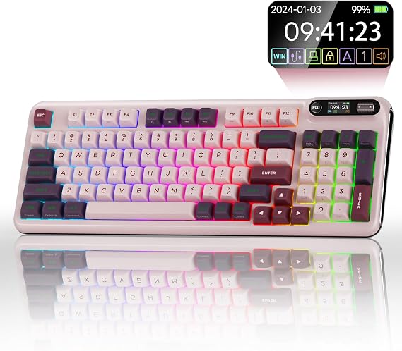 KZZI Z98 Wireless Mechanical Keyboard, Smart Display & Knob, BT5.0/2.4GHz/USB-C, Hot Swappable Custom Keyboard, Pre-lubed Linear Switches, Gasket Mount, RGB Creamy Gaming Keyboard