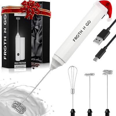 Zulay Froth N Go Milk Frother Rechargeable 3-in-1 Handheld Frother Wand with Travel Case & USB-C Charger Single, Double & Egg Whisk for Latte, Cappuccino, Matcha, Protein Shakes White