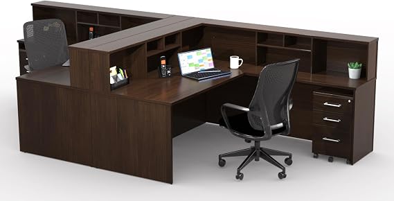 Reception Corner Desk Collaboration Furniture Model 8307 12pc Group Contemporary Espresso Color, Includes Mobile filers and Office Chair. Commercial Office.