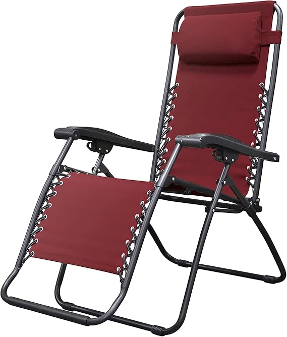 Caravan Sports Zero Gravity Outdoor Portable Folding Camping Lawn Deck Patio Pool Recliner Lounge Chair for Adults, Adjustable Headrest, Burgundy