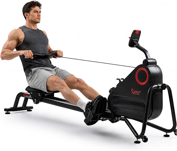 Sunny Health & Fitness Smart Magnetic Rowing Machine, Full-Body Workout | Up to 50" Slide Rail, Compact Design for Home Gym, Adjustable Magnetic Resistance, Vertical Storage, Free SunnyFit App
