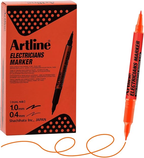 Artline Electricians Markers | Twin-Nib | Professional Series | Non-Conductive Ink & Barrel | EKPR-ELFT | 0.4mm Fine/1.0 Bullet Tips | Pack of 12 | Orange