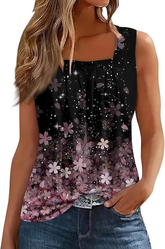 NAMTYQX Summer Tank Tops for Women Pleated Square Neck Shoulder Sleeveless Shirts Casual Loose Fit Trendy Camisole Blouse