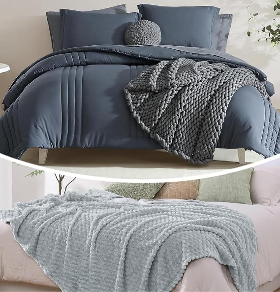 Monbix 7 Piece Comforter Sets and Fleece Throw Blanket Bundle