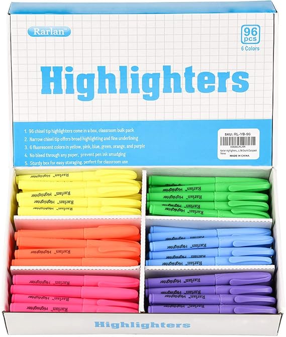 Rarlan Highlighters, Chisel Tip, Assorted Fluorescent, 96 Count Bulk Pack