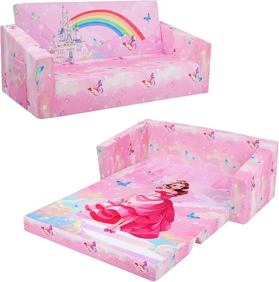decalsweet Foldable Kids Sofa Couch 2 in 1 Children Convertible Sofa Flip Open Extra Wide Soft Lightweight Armchair for Kidsroom Playroom