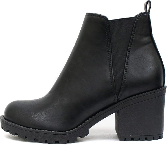 Soda ORIGAMI ~ WOMEN LUG SOLE MID HEEL FASHION ANKLE BOOTIE W/DOUBLE ELASTIC GORE (9, Black, numeric_9)