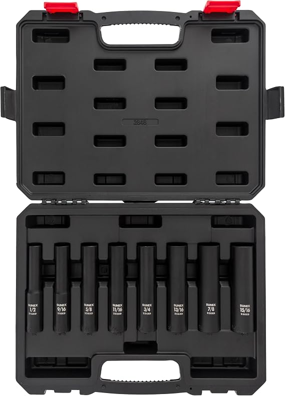 SUNEX TOOLS 2848, 1/2 Inch Drive Impact Socket Set, Extra Long Deep, 8-Piece, SAE, 1/2"-15/16", Cr-Mo Alloy Steel, Radius Corner Design, Dual Size Markings, Heavy Duty Storage Case