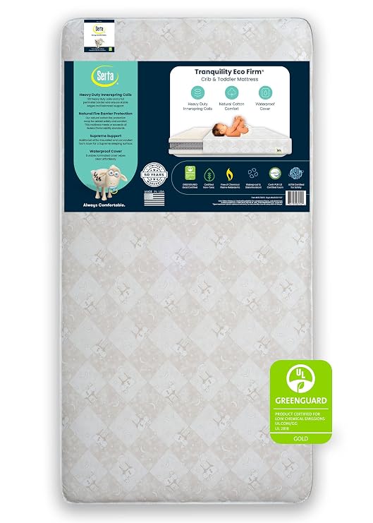 Serta Tranquility Eco Firm 2-Stage Baby Crib and Toddler Mattress - Waterproof Standard Baby Crib & Toddler Mattress - GREENGUARD Gold Certified- 52" L X 27.5" W