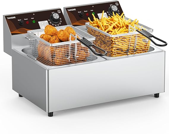 TANGME Commercial Deep Fryer with Baskets 20.7Qt Dual Tank Upgraded Electric Countertop Fryer Heavy Duty 1mm Thickened Stainless Steel Deep Fryers, 120V, 3600W, UL Certified, Silver