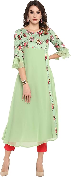 Janasya Indian Women's Green Floral Print Casual Wear Summer Kurta for Women