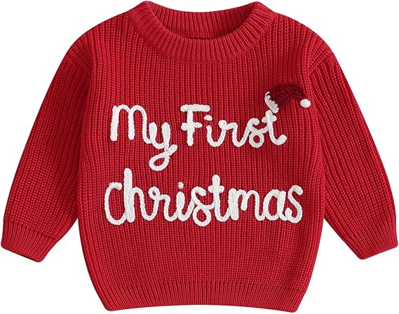 Toddler Baby Girl Boy Christmas Sweater Embroidery Letter Long Sleeve Knit Sweatshirt Top Xmas Fall Winter Clothes