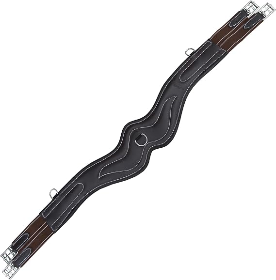 Anatomic Overlay Girth for Horse Designer Stitch, Calf Linning | SS Buckles, Black Elastic/Grey Maroon Elastic (Leather Padding)