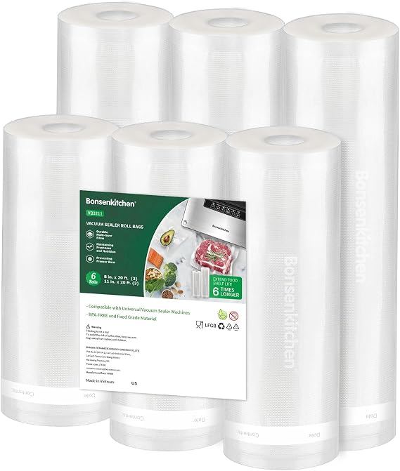 Bonsenkitchen Vacuum Sealer Rolls bags, 3 Rolls 11"x 20'+ 3 Rolls 8"x 20'