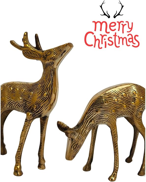 Artisan Brass Christmas Resin Reindeer Figurines Small Gold Deers 2pcs Decorative Statues Resting Lucky Deer Sculptures for Indoor Home Decor Tabletop Mantle Cabinet Desktop Office