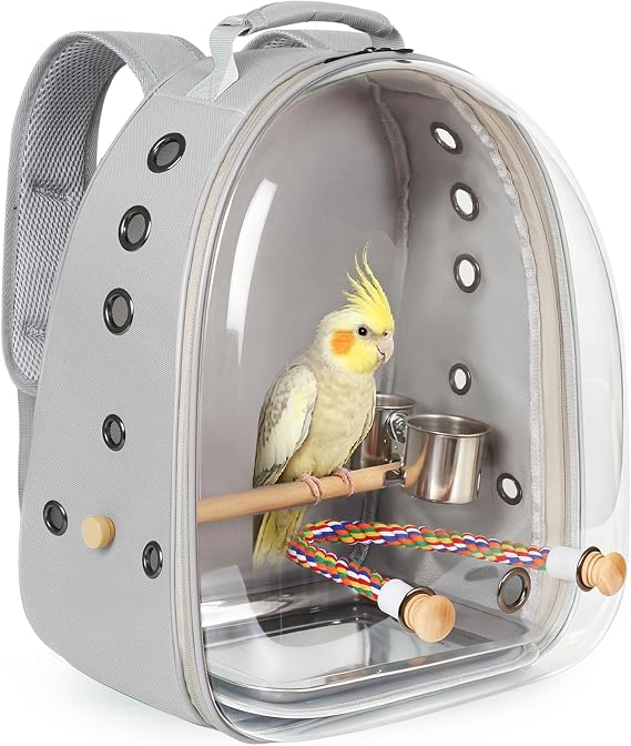 Bird Traval Carrier Cage, Multi Vent Holes Clear Space Capsule Astronaut Backpack to Carry Parakeet Cockatiel Parrot with Metal Tray Wood Perch, Vet Transport Bag