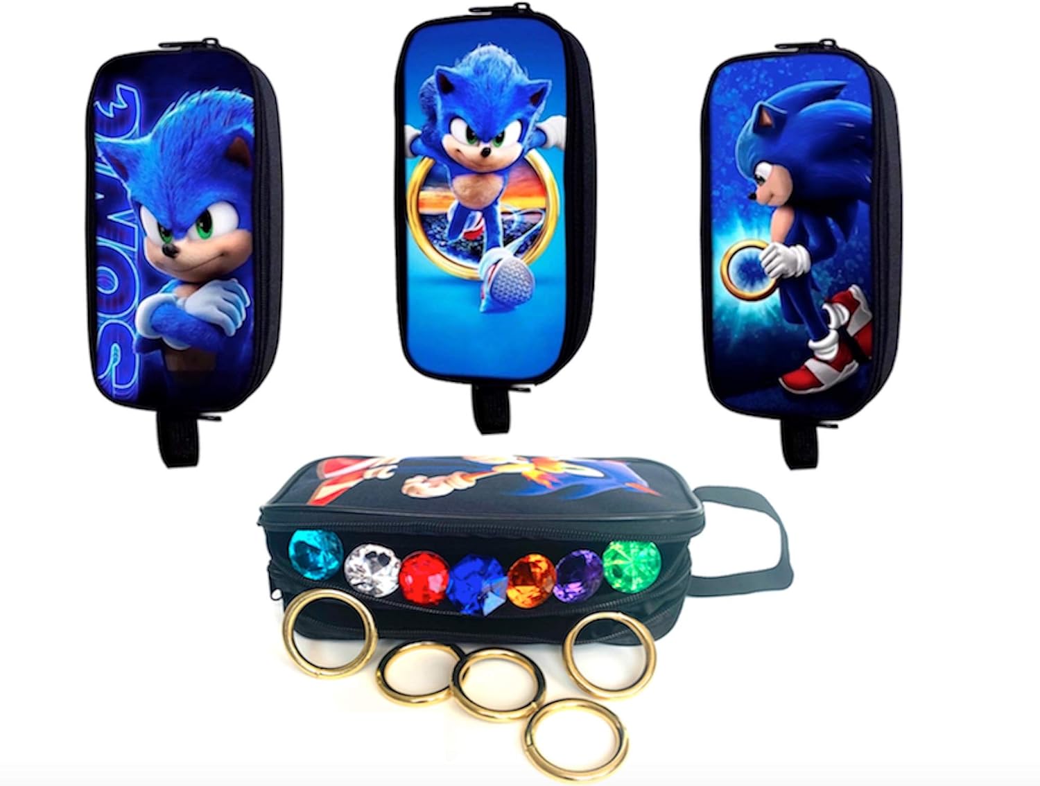 Toys Sonic - 7 Chaos Emeralds and 5 Power Rings - in Multi-Purpose Sonic Bag with 2 Pockets and Carry Strap - by AAA World Available in 3 Designs Bag Design 3