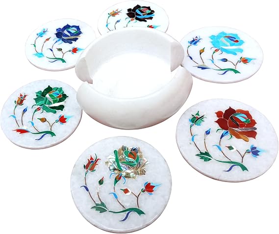 ArtEra's Marble Coaster Set with Semi-Precious Stones Inlay Work (AE-11)| Multicolor (6 trivets with Holder, Diameter - 4 inch)