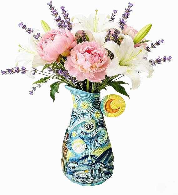 8.7" Hand-Painted Ceramic Vase, Van Gogh Starry Sky Flower Vase for Home Decor, Blue Art Vase for Fresh/Dried Bouquets, Table Centerpiece