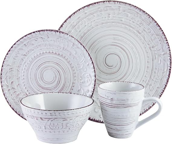 Elama Embossed Stoneware Ocean Dinnerware Dish Set, 16 Piece, Seashell and White Sand