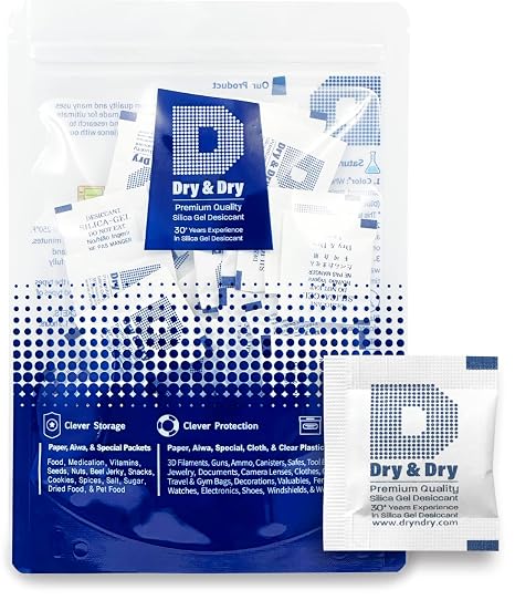 Dry & Dry 1 Gram [50 Packets] Silica Gel Packets Desiccants, Silica Packets - Rechargeable Moisture Absorbers for Food Storage, Electronics, 3D Filament & Safes