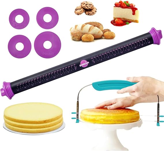 Silicone Rolling Pin with Thickness Rings and sea blue Cake Slicer Leveler 2-Wire