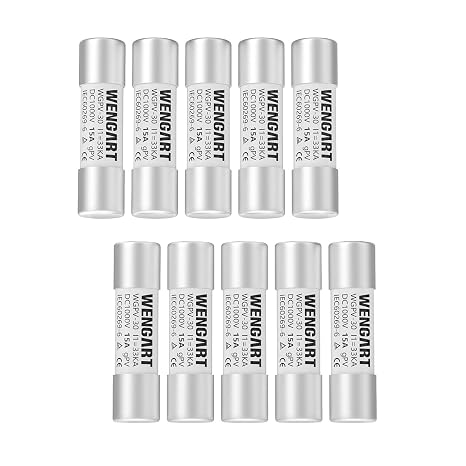 Wengart 10x38mm Solar PV Fuses for Off Grid Installers to Stop Combiner Box Fire Overcurrents via 15 Amp DC 1000V gPV Rated 133kA Fast Photovoltaic Cartridge 10 Pack