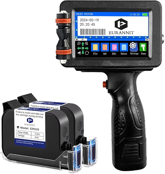 Handheld Inkjet Printer E16, Portable Handheld Inkjet Printer Gun 4.3" Touch Screen with 2 pcs 0.5 Inch ER520 Fast-Drying Ink for Text/Barcode/Image/Date (Support 28 Languages)