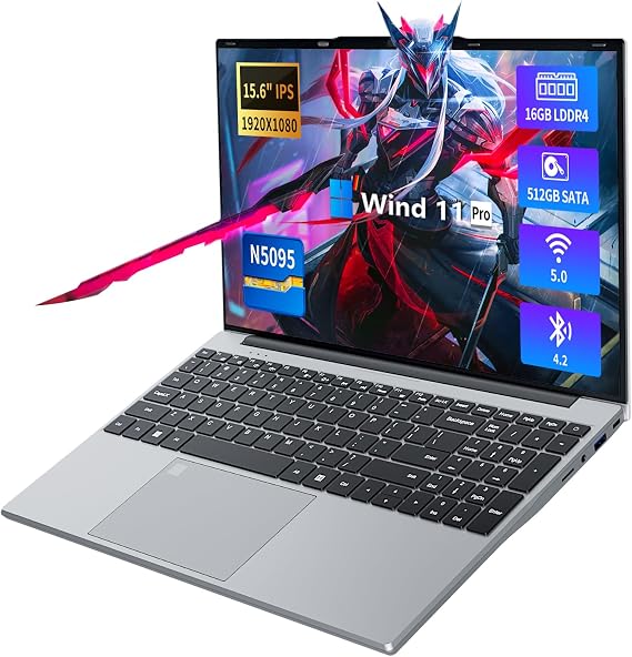 KUMNOSAL 2026 Laptop,15.6 Inch Laptop Computer with Celeron N5095,16GB 512GB SSD,180 Angle Opening Lap top, Fingerprint Unlock with Backlit Keyboard,1920 * 1080 FHD, WiFi5, BT 4.2, Type-A HDMI