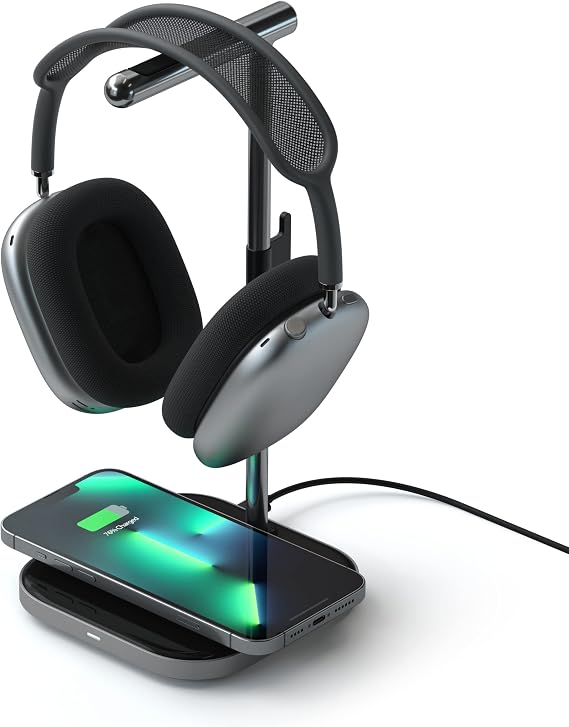 Satechi 2-in-1 Headphone Stand with Magnetic Wireless Charger | USB-C output port, for iPhone 17-12 series, AirPods Pro, other Qi-enabled devices
