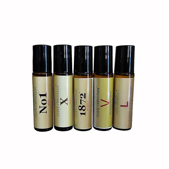 Perfume Studio 5-Piece Impression Perfume Oil Set for Women Pure Alcohol-Free Fragrance Oils Long Lasting Roll-On Travel Scent Compatible to CC No.1, X, 1872, L, V 10ml Glass Roller Bottles
