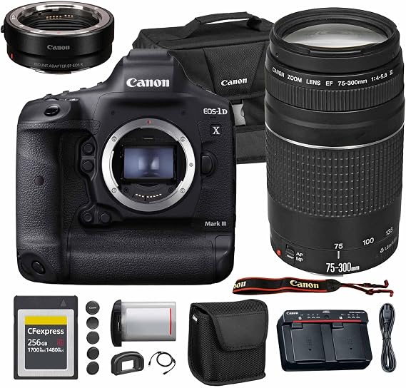 Canon EOS-1D X Mark III DSLR Camera| 20.1MP Full-Frame CMOS Sensor, DIGIC X Processor & 4K Video| Pro Sports & Wildlife Camera (3829C002) + Canon EF 75-300mm f/4-5.6 III Lens + Adapter EF-EOS R + More