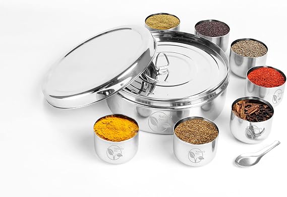 Nature's Own Stainless Steel Spice Box with 7 Compartments, 2 Lids, and Silver Mirror Polish | Masala Dabba with Individual Containers for Authentic Spices Durable and Stylish 16CM Masala Organizer