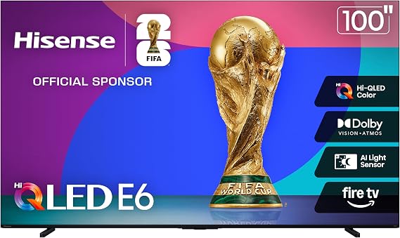 Hisense 100" Class E6 Series QLED 4K UHD Smart Fire TV (100E6QF, 2025 Model) - QLED, Native 144Hz, Dolby Vision IQ Atmos, Motion Rate 240, HDR 10+, Game Mode Pro, Voice Remote with Alexa