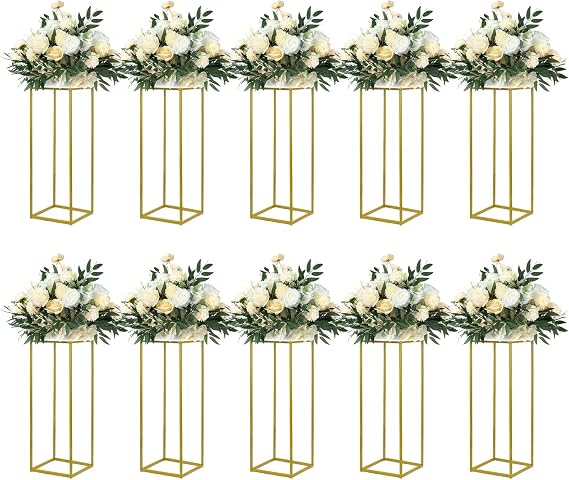YALLOVE 10 Pack 23.75 Inch Gold Wedding Flower Stand Metal Vase Column Stand Geometric Centerpiece Vase for Home Party Wedding Decorations, Rectangular Flower Display Rack