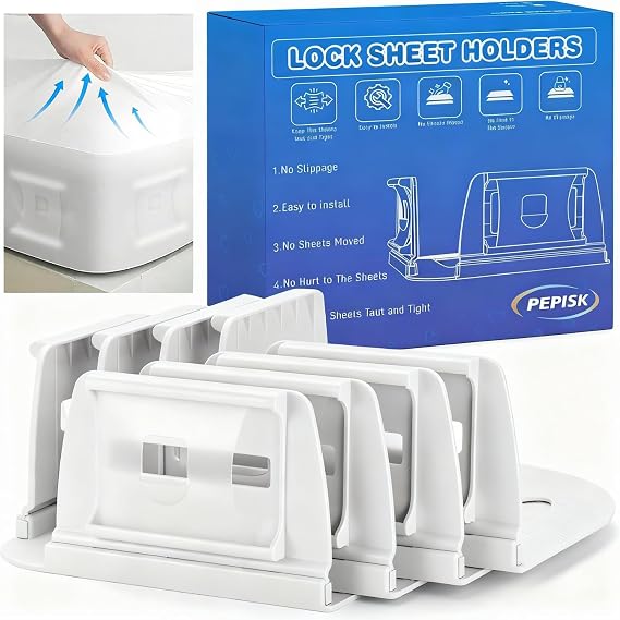 Upgrade Bed Sheet Holders for Corners: 4Pcs Fitted Lock Sheet Holders Keep Sheets Firm & Tight, Heavy Duty Bed Sheet Clips, with Clip Easy to Install for All Mattress Sizes - No More Loose Sheets