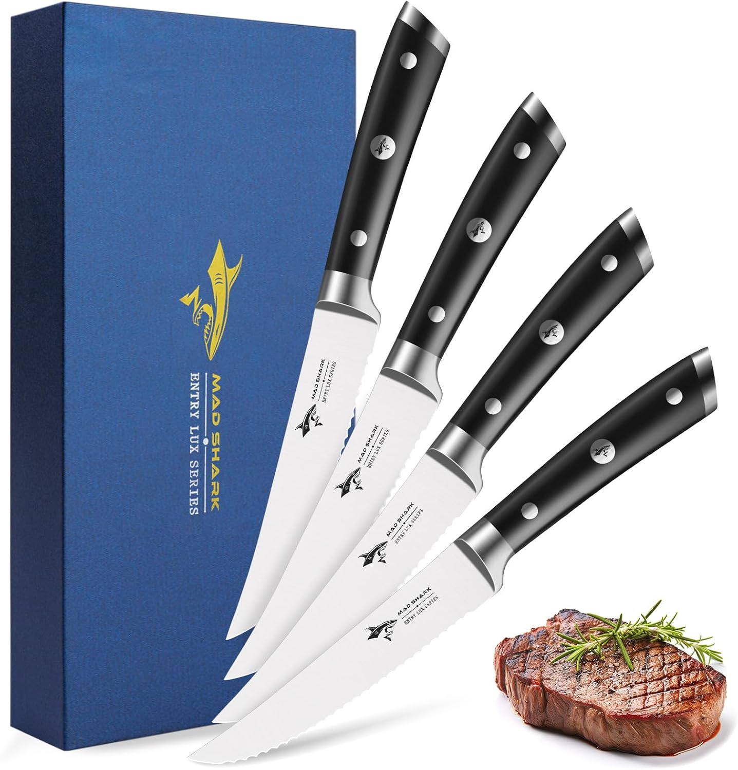 MAD SHARK Steak Knives Set of 4,Premium 4.5-inch Serrated Steak Knife Set,Ultra Sharp German High Carbon Stainless Steel Triple Rivet Collection 4-Piece Kitchen Steak Knife Set STEAK KNIFE SET OF 4