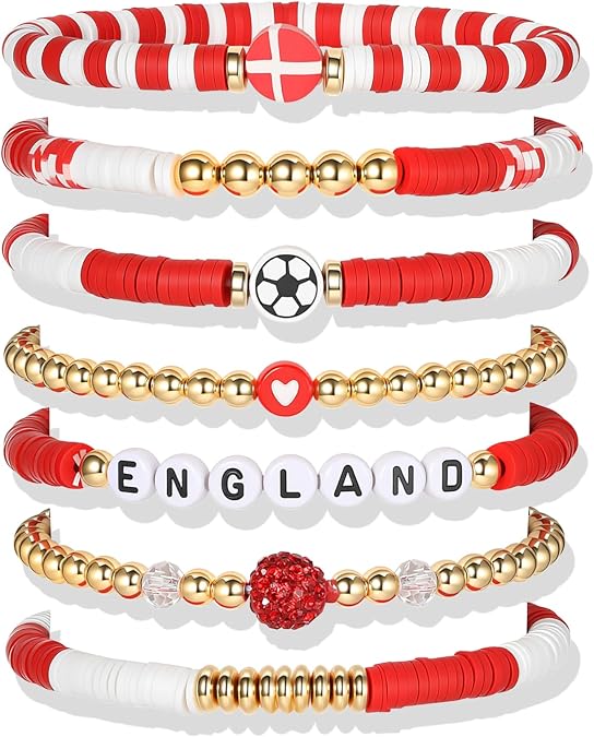 World Soccer Game-day Cup Bracelet Stack Set 7pcs Softball/Baseball/Basketball/Soccer/Volleyball/Tennis/Football Stretch Sports Fans Jewelry Sports Beaded Bracelets with Charms
