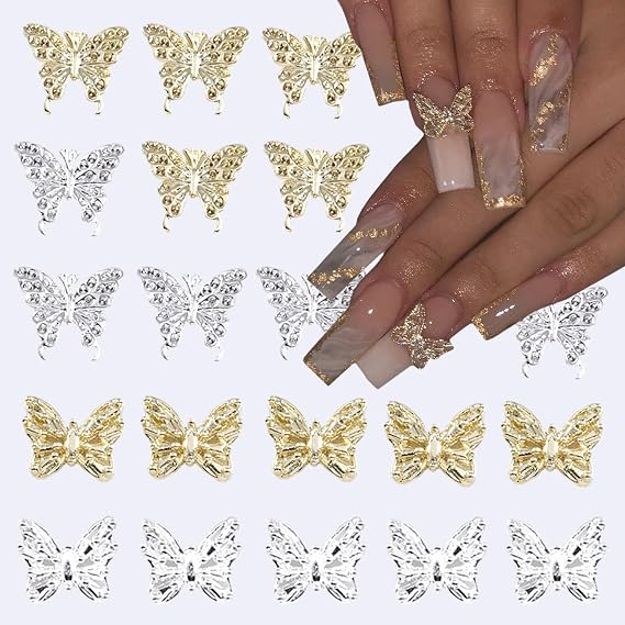 20Pcs Butterfly Nail Charms for Acrylic Nails 3D Crystal Art Gold Silver Butterflies Rhinestones Jewels Gems DIY Manicure Decoration