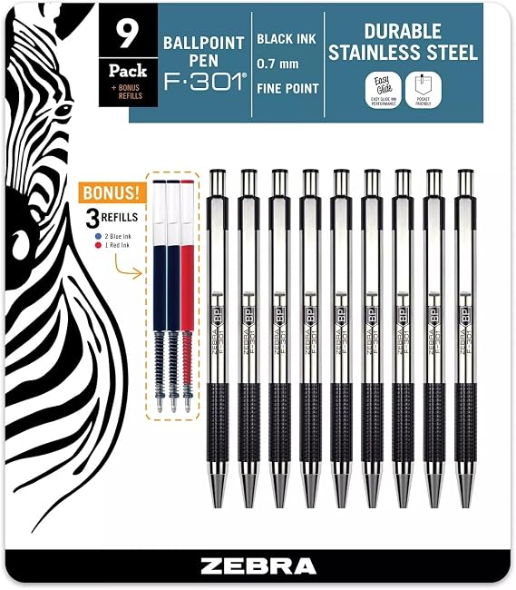 ZEBRA F-301 Ballpoint Retractable Pen, Black Ink, Fine Point Tip, 9 Pens per Pack Refillable Pens with Refill 0.7 mm Stainless Steel