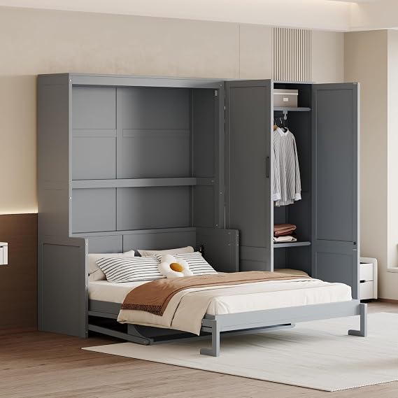 Murphy Bed with Closet and Wardrobe, Versatile Wall Bed, Foldable Murphy Cabinet, Queen Size, Gray