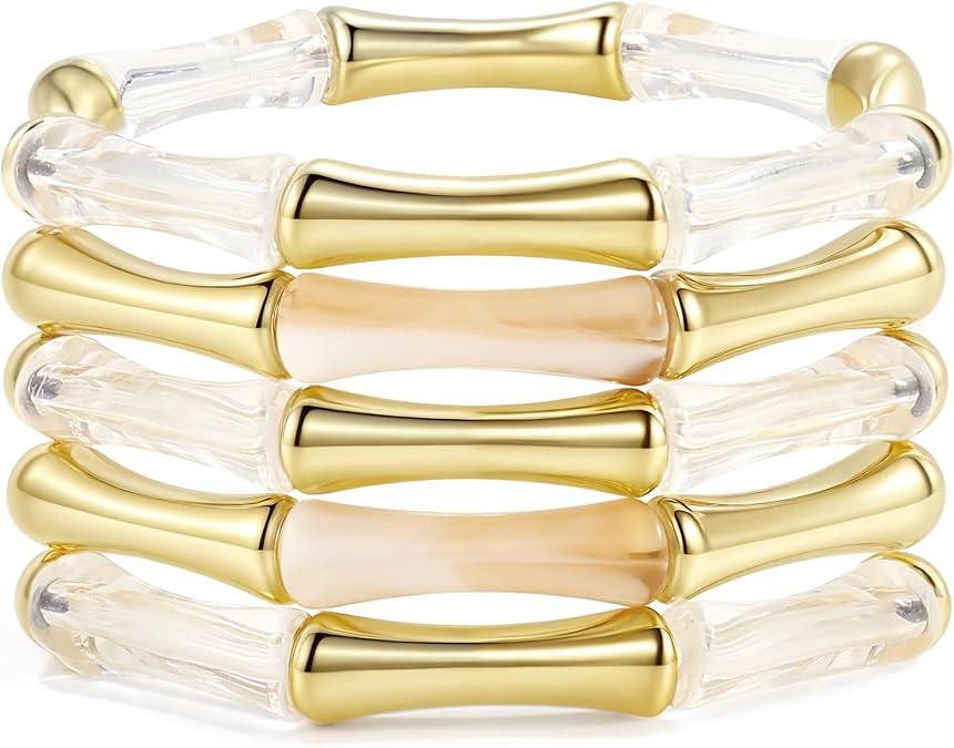Gold Tube Bangle Bracelets for Women Stackable Bamboo Chunky Acrylic Beads Stretch Friendship Summer Beach Bracelet Jewelry